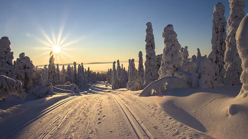 Sunrise in a snowed cross-country road