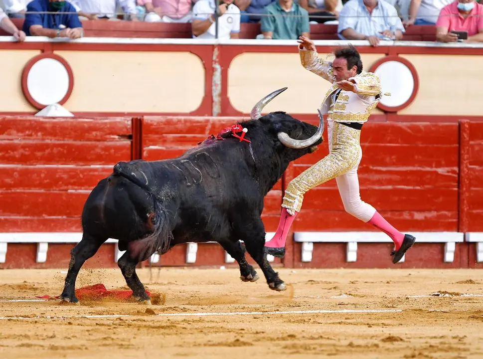 06 August 2020, Spain, El Puerto de Santa Maria: Spanish matador Enrique Ponce stabs a bull with a sword during a bullfight at El Puerto de Santa Maria&#39;s bullring. Photo: Joaquín Arjona/dpa.