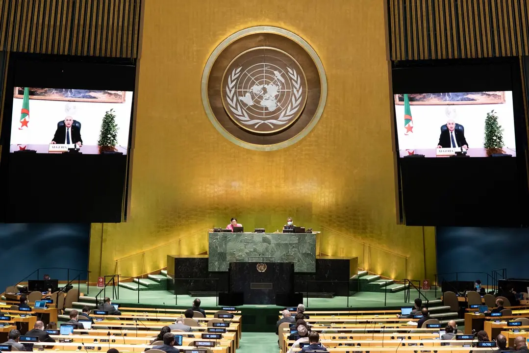 HANDOUT - 23 September 2020, US, New York: Alegrian President Abdelmadjid Tebboune (on screen), addresses the general debate of the General Assembly’s 75th session. Photo: Evan Schneider/UN Photo.
