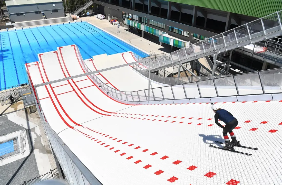 01 October 2020, Australia, Brisbane: Aerial skier Abbey Willcox takes part in a training on the Olympic Winter training centres aerial ski jump facility at the Sleeman Sports Complex. Photo: Darren England/dpa.