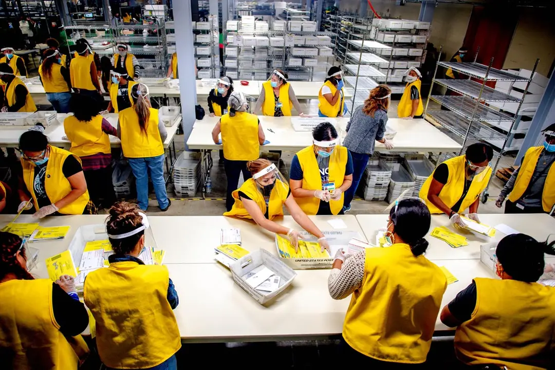 03 November 2020, US, San Bernardino: Election workers process ballots at the San Bernardino County Registrar of Voters office in the 2020 presidential election. Photo: Watchara Phomicinda/dpa.