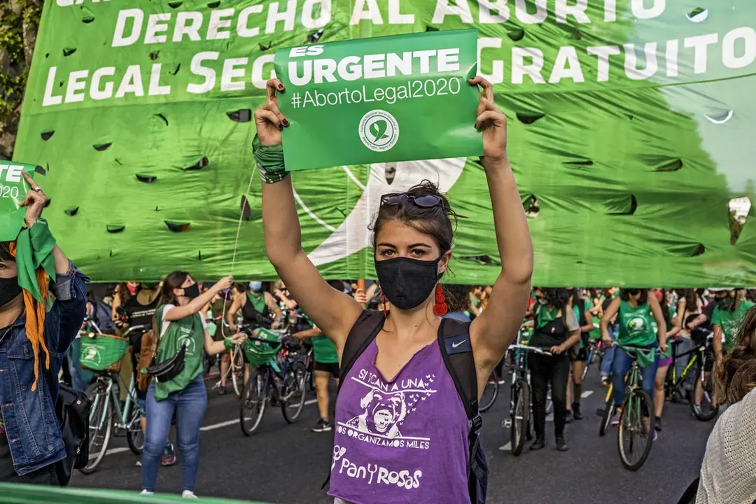 04 November 2020, Argentina, Buenos Aires: A protester holds a placard during a protest demanding the legalisation of abortion outside the Argentinian Congress building. Photo: Roberto Almeida Aveledo/dpa.