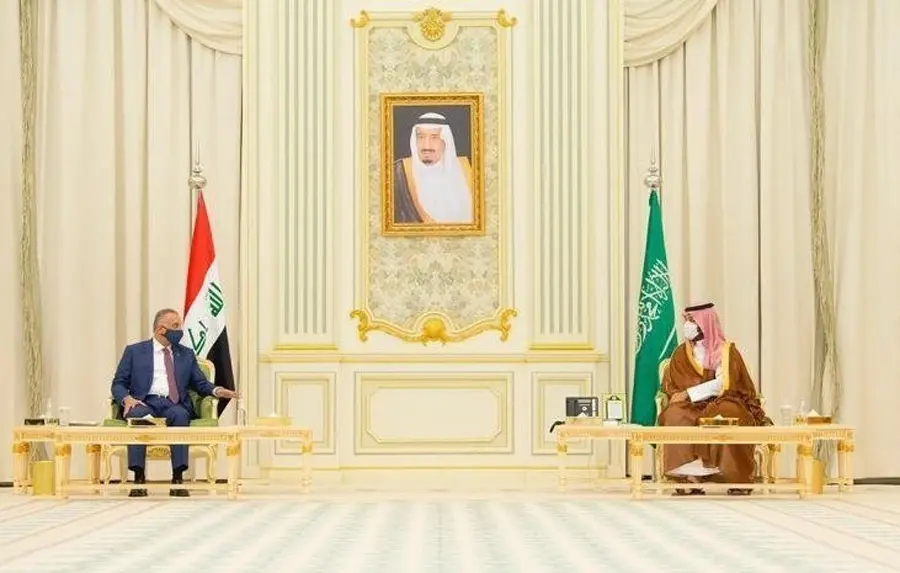 31 March 2021, Saudi Arabia, Riyadh: Crown Prince of Saudi Arabia Mohammed bin Salman (R) meets with Iraqi Prime Minister Mustafa Al-Kadhimi during his visit to Saudi Arabia for a two-day visit. Photo: -/Saudi Press Agency/dpa