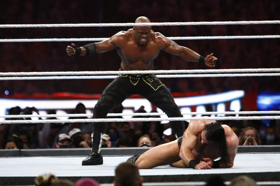 10 April 2021, US, Tampa: WWE wrestler Bobby Lashley (L) taunts Drew McIntyre during the WWE World Championship match at Wrestlemania 37 at Raymond James Stadium. Photo: Luis Santana/Tampa Bay Times via ZUMA Wire/dpa.