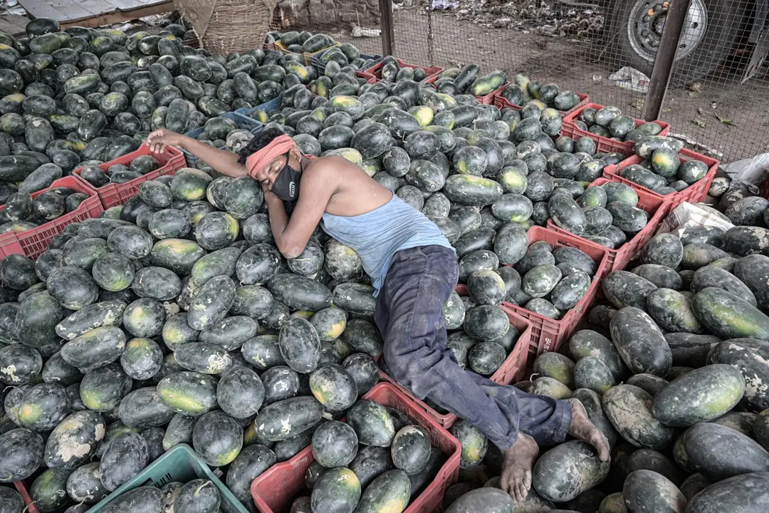 06 May 2021, India, Prayagraj: A worker rests on watermelons at Mundera Market during lockdown imposed by the authorities following the surge in coronavirus cases. Photo: Prabhat Kumar Verma/ZUMA Wire/dpa