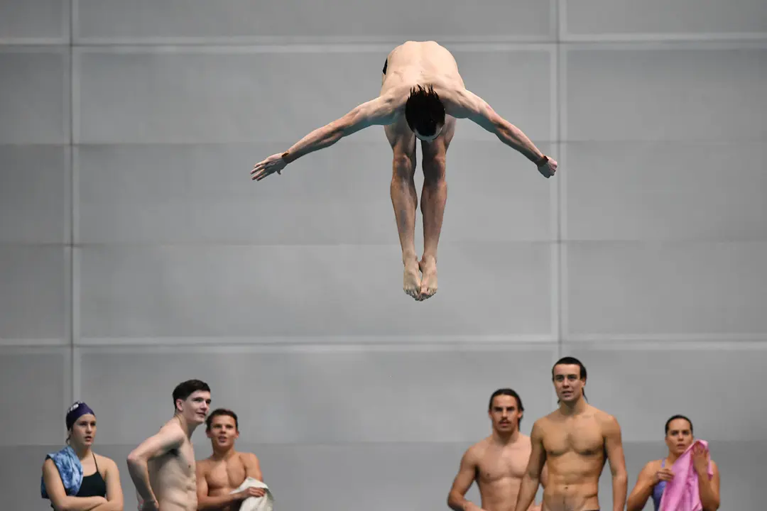 07 June 2021, Australia, Sydney: Divers train during an Australian Diving media event, at the Sydney Olympic Park Aquatic Centre. Photo: Joel Carrett/AAP/dpa