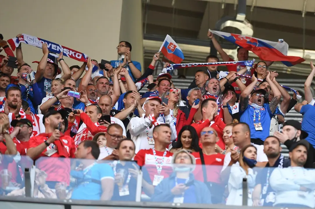 14 June 2021, Russia, Saint Petersburg: Fans cheer in the stands before the start of the UEFA EURO 2020 Group E soccer match between Poland and Slovakia at Gazprom Arena. Photo: Martin Baumann/TASR/dpa.