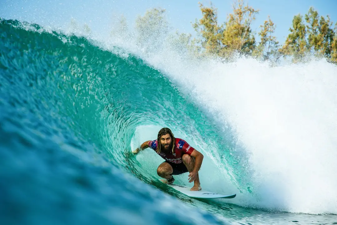 19 June 2021, US, Lemoore: Australian surfer Wade Carmichael surfs in Heat 5 of the Qualifying Round of the Jeep Surf Ranch Pro 2021 presented by Adobe in Lemoore. Photo: Tony Heff/WORLD SURF LEAGUE via AAP/dpa.