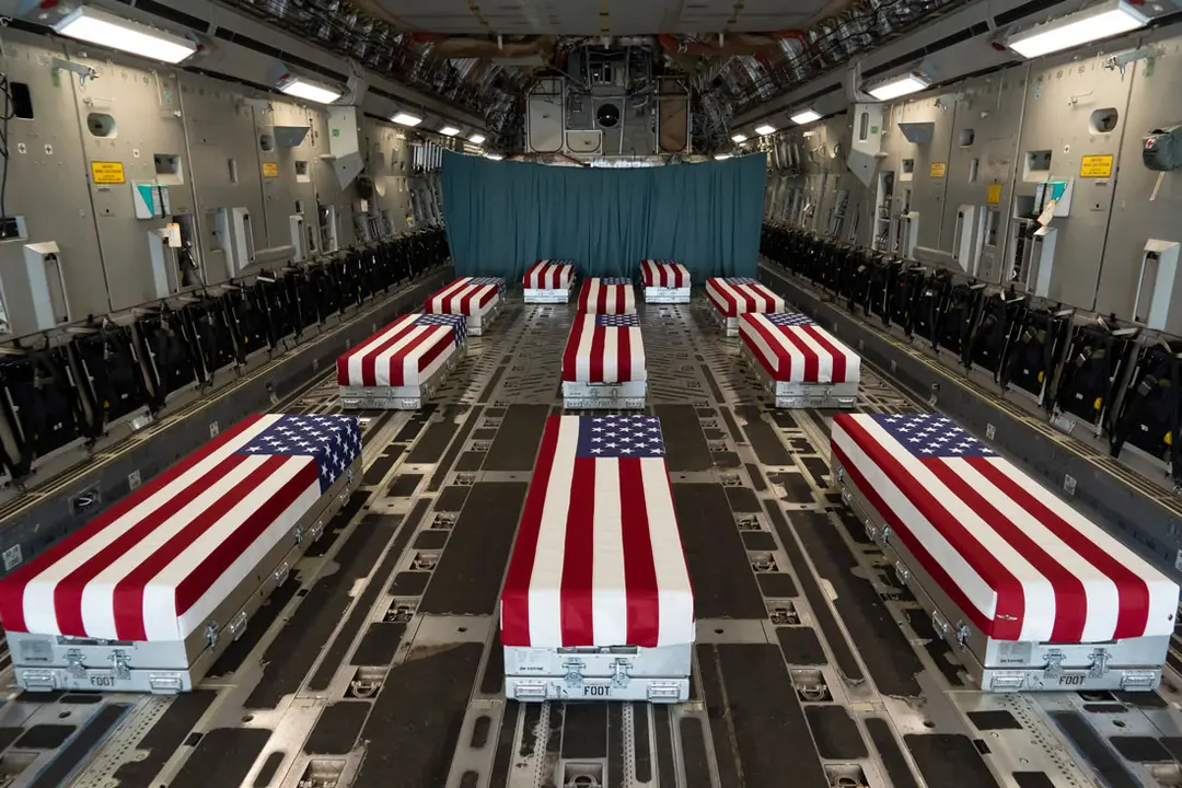 29 August 2021, US, Dover: Coffins of the US soldiers killed in Kabul are seen inside a C-17 Globemaster II aircraft after arriving at Dover Air Force Base, Delaware. The remains of 11 Marines, a Navy medic and an Army staff sergeant, killed in Afghanistan were airlifted home. Photo: Jason Minto/U.S. Air/Planet Pix via ZUMA Press Wire/dpa