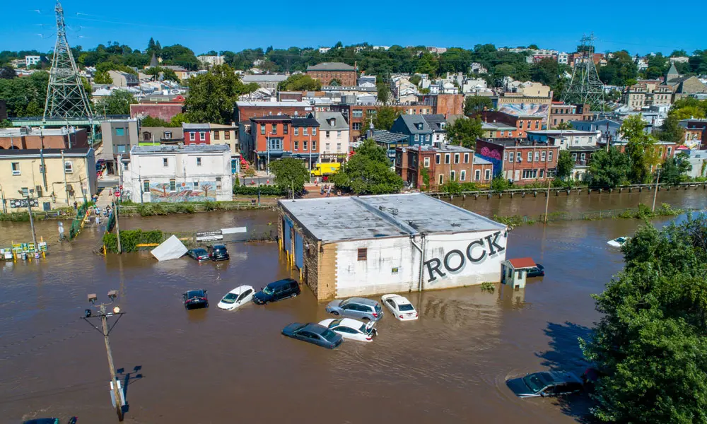 02 September 2021, US, Philadelphia: A general view of the flooded main street of the vibrant commercial district, after the Schuylkill River crested above its banks as Ida's remnants caused major flooding and spawned several tornadoes in Pennsylvania Photo: Jim Z. Rider/ZUMA Press Wire/dpa