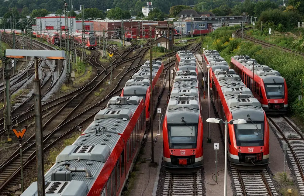 04 September 2021, Schleswig-Holstein, Kiel: Deutsche Bahn trains stand on the tracks in front of Kiel's main station. The nationwide train drivers' strike at Deutsche Bahn continues. Photo: Axel Heimken/dpa
