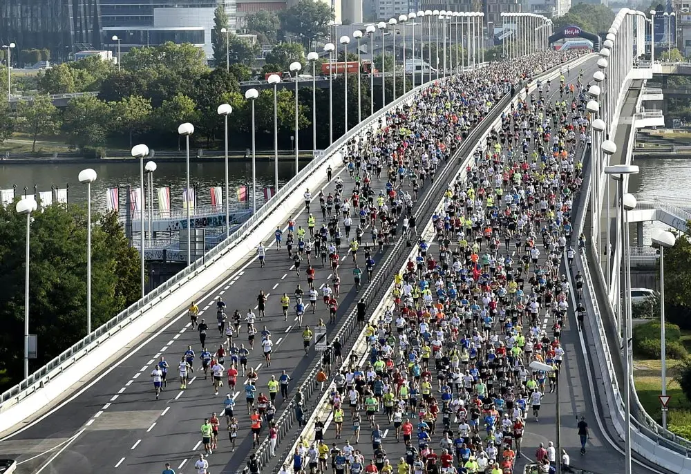 12 September 2021, Austria, Vienna: People run on Reichsbruecke (Imperial Bridge) at the start of the Vienna City Marathon. Photo: Hans Punz/APA/dpa