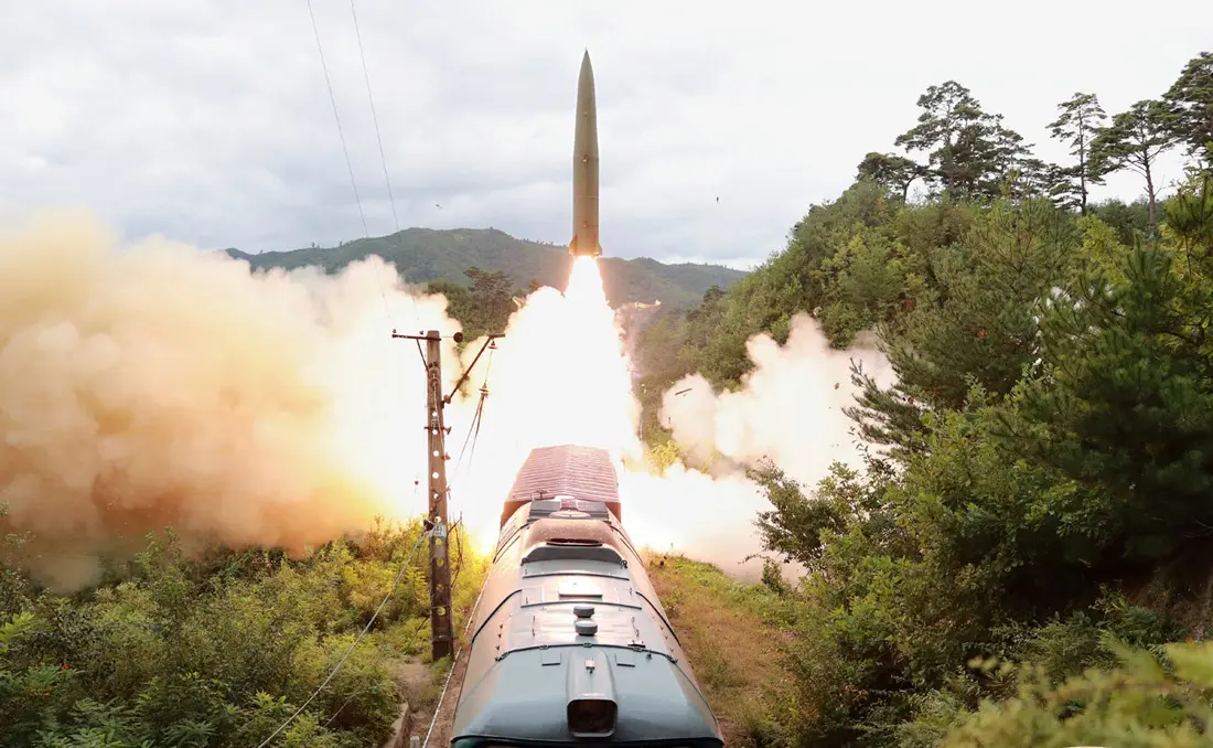 HANDOUT - 15 September 2021, North Korea, --: A picture provided by the North Korean state news agency (KCNA) on 16 September 2021, shows a missile test conducted from a train at an undisclosed location in North Korea. North Korea said it had successfully tested the operational readiness of its first mobile launch pad on a train with a missile test. Photo: -/kcna/dpa - ATTENTION: editorial use only and only if the credit mentioned above is referenced in full