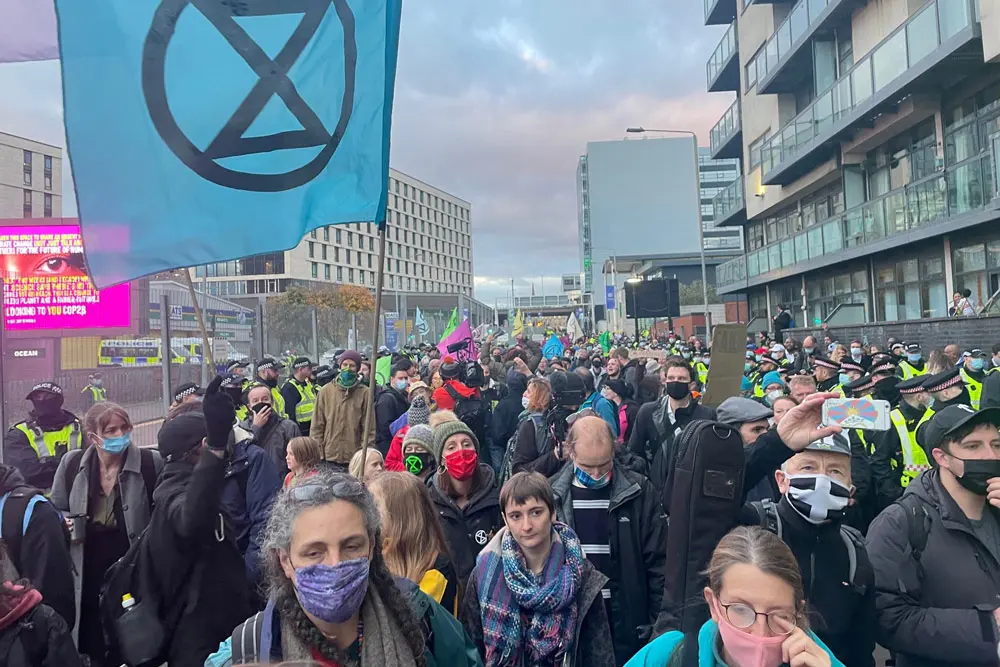 02 November 2021, United Kingdom, Glasgow: Climate activists protest during the Cop26 summit at the Scottish Event Campus (SEC). Photo: Dan Barker/PA Wire/dpa.