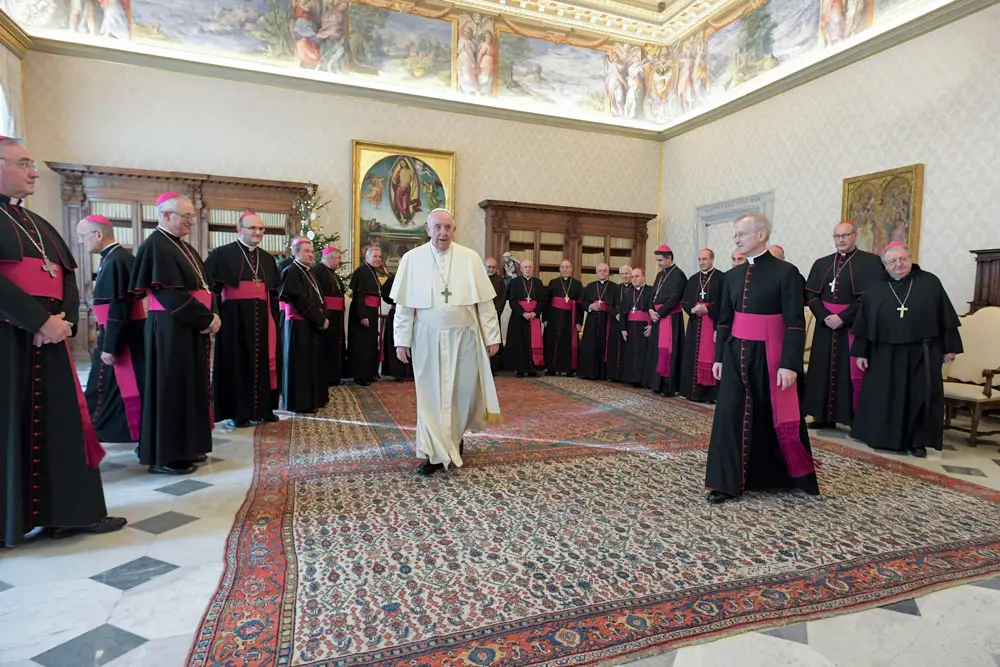 HANDOUT - 16 December 2021, Vatican, Vatican City: Pope Francis receives Bishops from Spain on their 'ad Limina Apostolorum' visit to the Vatican. Photo: Us Press Office Vatican/Vatican/ANSA via ZUMA Press/dpa - ATTENTION: editorial use only and only if the credit mentioned above is referenced in full.