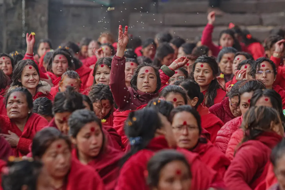 01 February 2022, Nepal, Kathmandu: Nepalese Hindu devotees perform rituals during the Swasthani Brata Katha Festival. Photo: Amit Machamasi/ZUMA Press Wire/dpa.