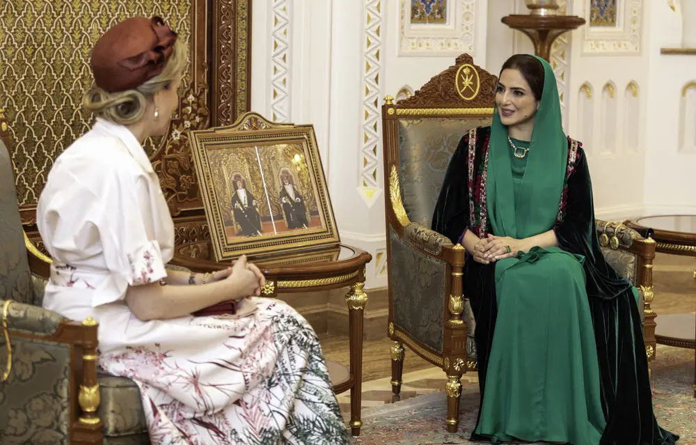 03 February 2022, Oman, Muscat: Queen Mathilde of Belgium and the wife of the Sultan of Oman Haitham bin Tariq Al Said, Lady Ahad bint Abdullah meet at the Al Alam Palace. Photo: Hand Out/BELGA/dpa - ATTENTION: editorial use only and only if the credit mentioned above is referenced in full.