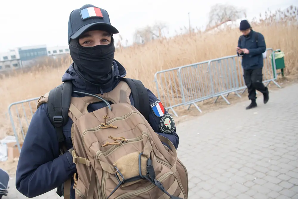 13 March 2022, Poland, Medyka: Luca from France waits to cross the border from Poland to Ukraine to join the fight against Russian troops. Photo: Sebastian Gollnow/dpa.