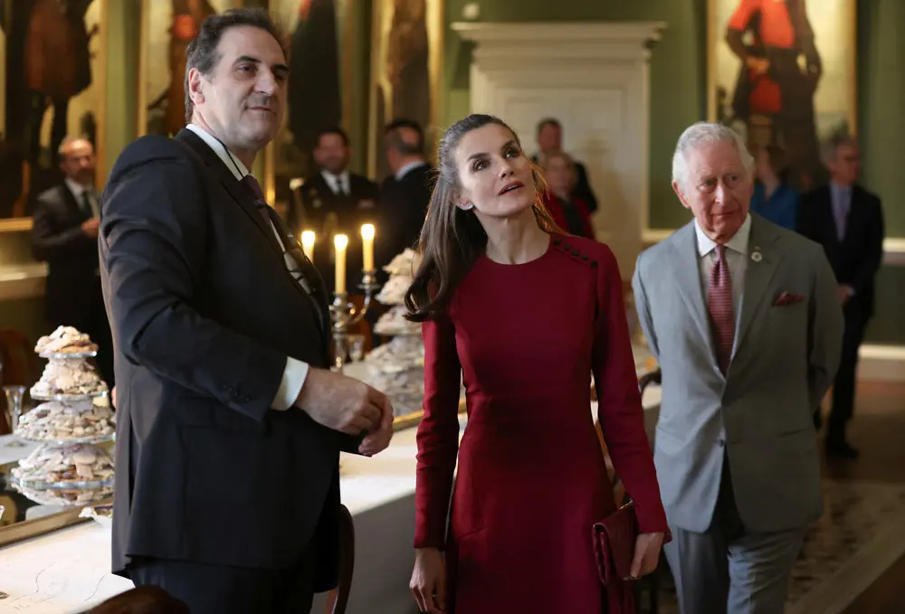 05 April 2022, United Kingdom, Darlington: Charles (R), The Prince of Wales, and Queen Letizia of Spain (C) visit Auckland Castle in Bishop Auckland, County Durham. Photo: Russell Cheyne/PA Wire/dpa.