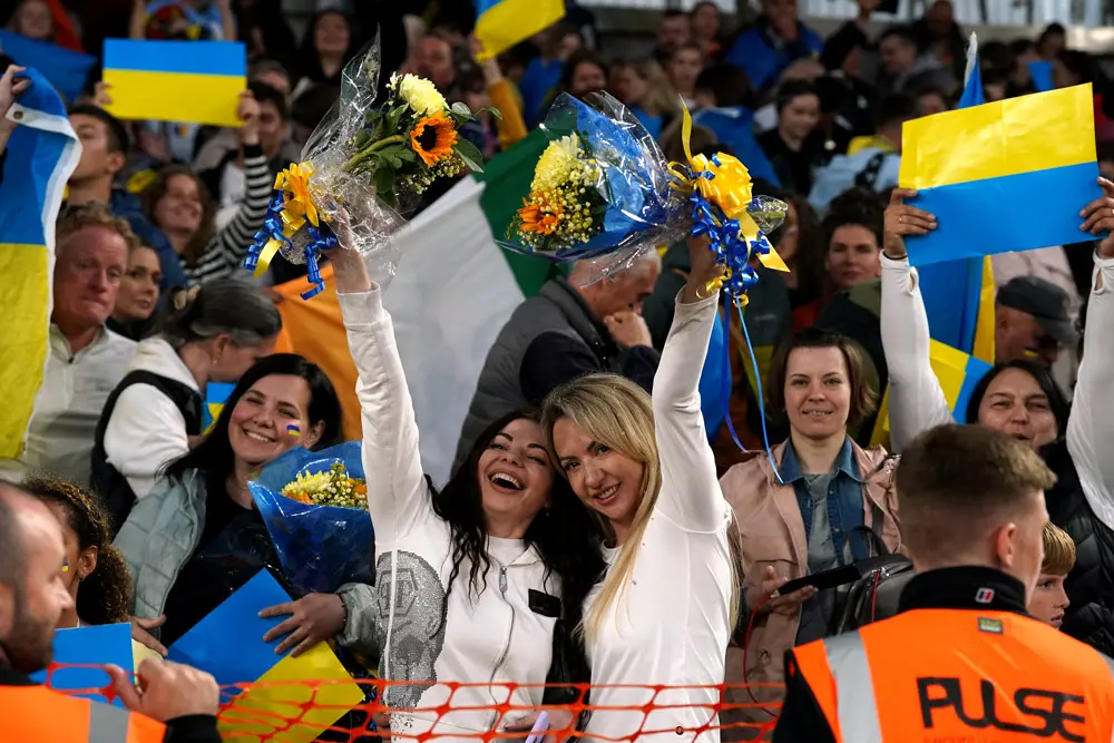 08 June 2022, Ireland, Dublin: Ukraine fans in the stands after the UEFA Nations League Group E soccer match between Republic of Ireland and Ukraine at the Aviva Stadium. Photo: Brian Lawless/PA Wire/dpa.
