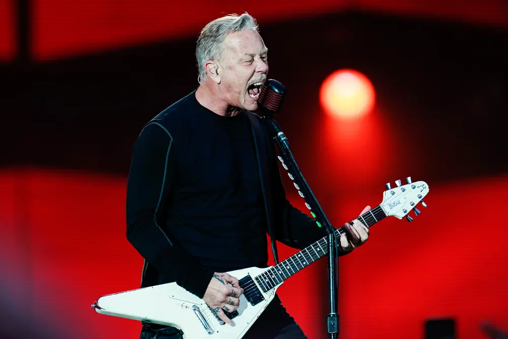 24 June 2022, Baden-Wuerttemberg, Hockenheim: Singer James Hetfield of the American metal band "Metallica" performs onstage during the rock festival "Download" at the Hockenheimring. Photo: Uwe Anspach/dpa.