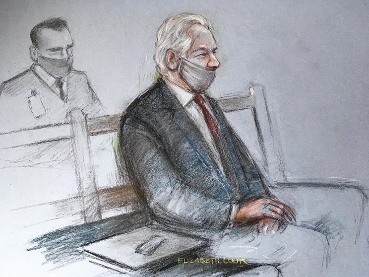 04 January 2021, England, London: A sketch by artist Elizabeth Cook shows Wikileaks founder Julian Assange (R) attending his extradition trial at the Central Criminal Court. A judge has ruled that Assange cannot be extradited to the US. Photo: Elizabeth Cook/PA Wire/dpa.