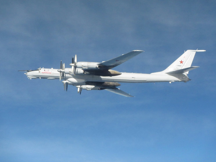 HANDOUT - 29 March 2021, United Kingdom, ---: A Russian Tu-142 Bear-F aircraft which was intercepted by Typhoons from the RAF Lossiemouth base on Monday morning after it was spotted operating near the UK. Photo: Sac Sian Stephens Raf/Ministry of Defence (MoD) via PA Media/dpa - ATTENTION: editorial use only and only if the credit mentioned above is referenced in full