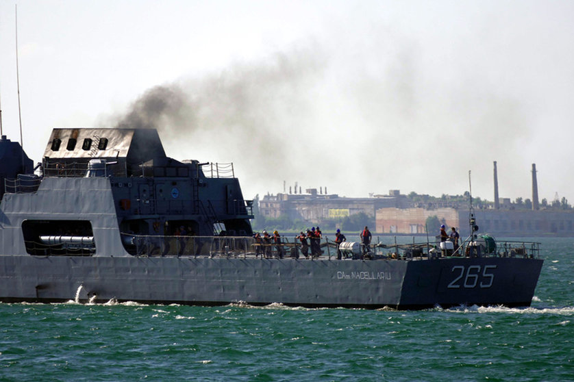 ¨The F-265 Contraamiral Horia Macellariu corvette of the Romanian Naval Forces arrives in Odessa on June 27, 2021, for the Exercise Sea Breeze 2021 to be held from June 28 to July 10 in the Black Sea region, Odessa, southern Ukraine. Photo: --/Ukrinform/dpa