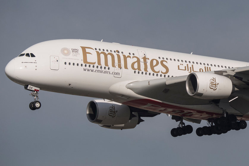 FILED - An Airbus A-380 from Emirates lands at Frankfurt Airport. Emirates will start operating limited flights next week to carry foreigners looking to leave the United Arab Emirates, the company's head said on Thursday. Photo: Boris Roessler/dpa.