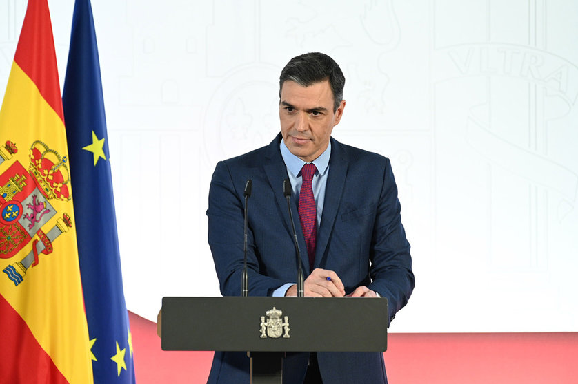 12/29/2021. Prime Minister Pedro Sánchez during his appearance before the media to present the third edition of the Executive's accountability report 'Cumpliendo' (Complying) and summarize the first two years of his mandate. Photo: La Moncloa.