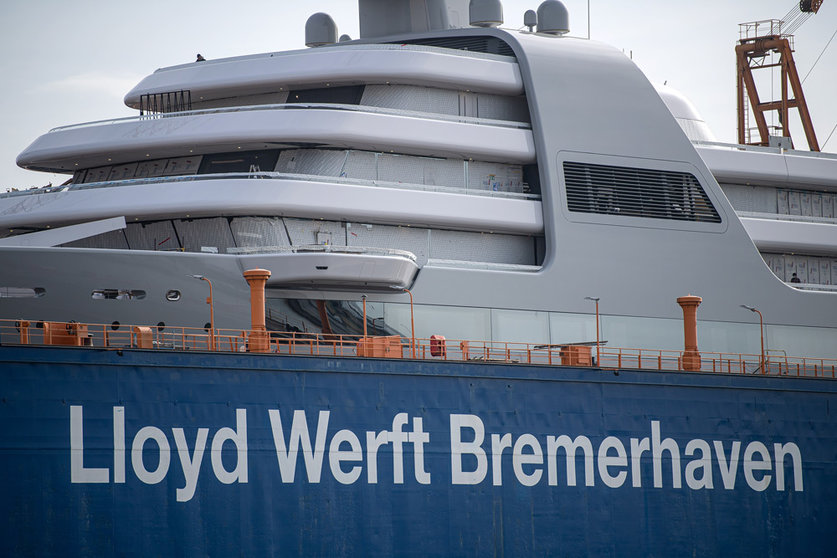 FILED - 23 February 2021, Bremen, Bremerhaven: The 140-meter luxury yacht "Solaris" is seen docked at the Lloyd shipyard in Bremerhaven. Lloyd shipyard filed for insolvency on Monday. Photo: Sina Schuldt/dpa.