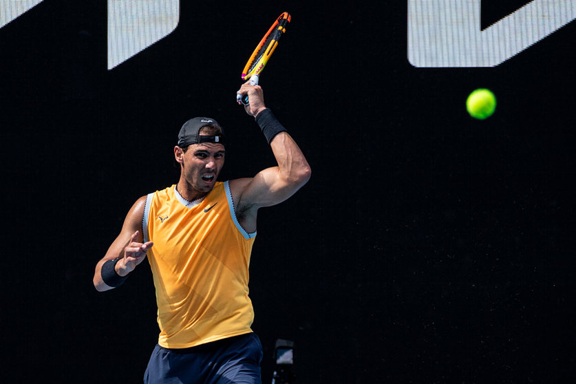 13 January 2022, Australia, Melbourne: Spanish tennis player Rafael Nadal in action during a training session ahead of the Australian Open Grand Slam tennis tournament at Melbourne Park. Photo: Diego Fedele/AAP/dpa.