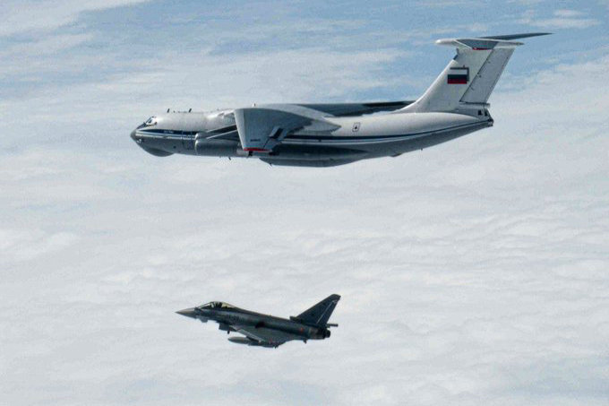 A Spanish Eurofighter Typhoon jet approaches a Russian bomber during an air surveillance mission over the Baltic region. Photo: Ministerio de Defensa.