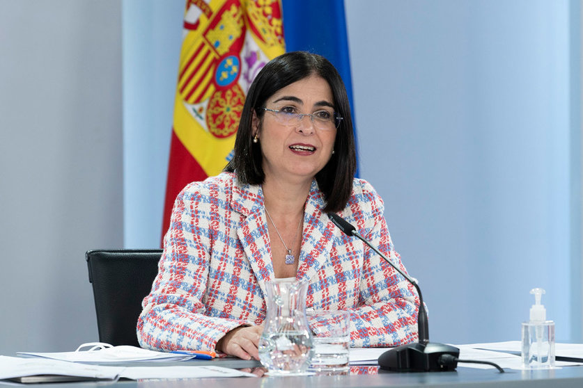 19/04/2022. Minister of Health Carolina Darias speaks at the press conference held after the meeting of the Council of Ministers to announce the end of the mandatory mask use. Photo: La Moncloa.