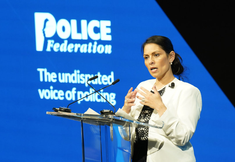 17 May 2022, United Kingdom, Manchester: UK Home Secretary Priti Patel speaks during a Q&A session at the annual conference of the Police Federation of England and Wales inside the Central Convention Complex. Photo: Danny Lawson/PA Wire/dpa.