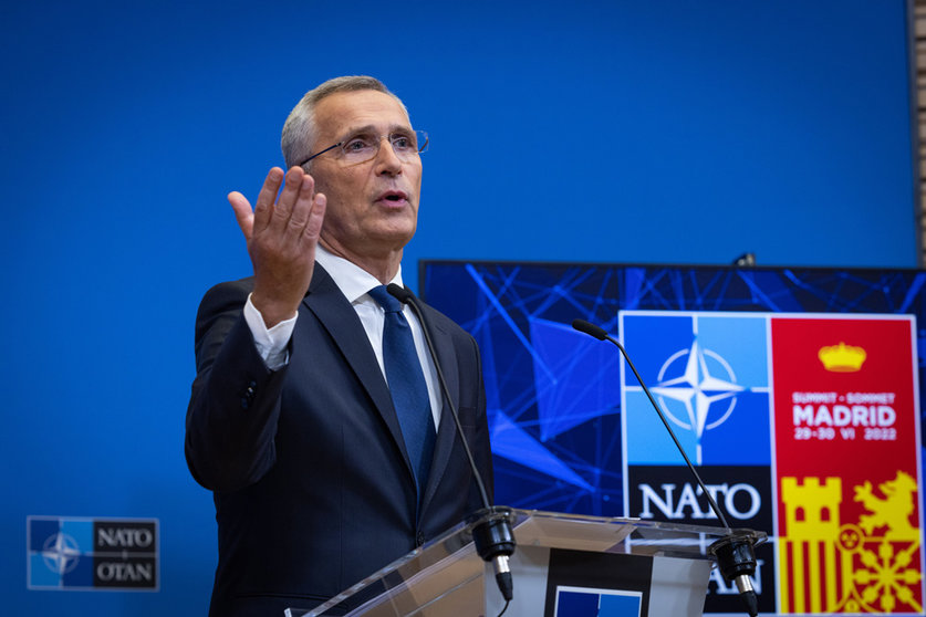 HANDOUT - 27 June 2022, Spain, Madrid: NATO Secretary General Jens Stoltenberg speaks during a press conference ahead of the 2022 NATO Summit. NATO summit will be held in Madrid from 28 to 30 June. Photo: -/NATO/dpa - ATTENTION: editorial use only and only if the credit mentioned above is referenced in full.