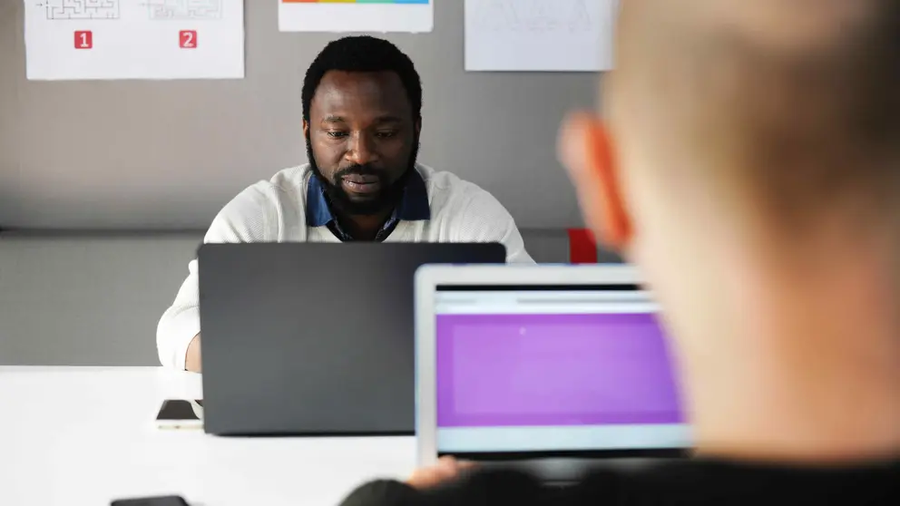 Man beard black work computer laptop