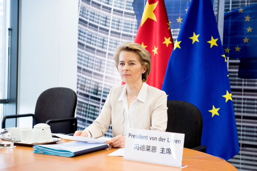 European Commission President Ursula von der Leyen attends an EU-China summit, in video conference format, with Chinese Premier Li Keqiang and European Council President Charles Michel at the European Council. Ursula has announced her intention to review the European Union competition law. Photo: Etienne Ansotte/EU Commission/dpa.