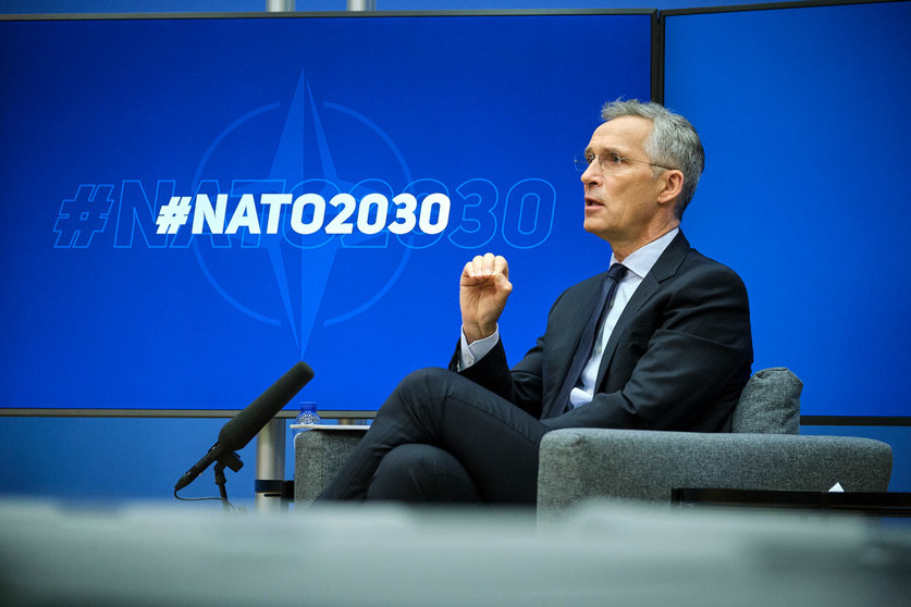 30 June 2020, Belgium, Brussels: NATO Secretary General Jens Stoltenberg speaks via videoconference to the German Institute for Global and Area Studies (GIGA) during a discussion on the geopolitical implications of COVID-19. Photo: -/NATO/dpa