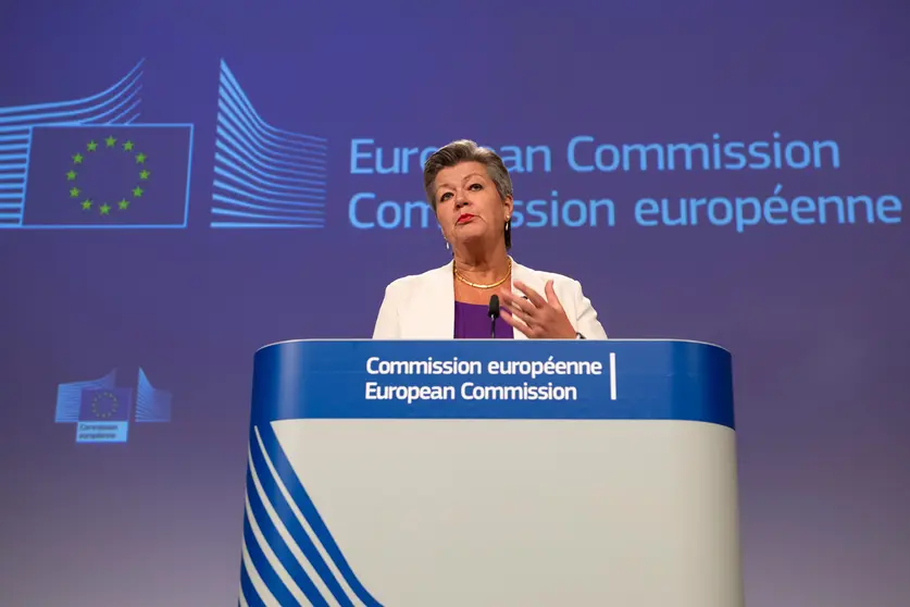 Belgium, Brussels: European Commissioner for Home Affairs Ylva Johansson speaks during a press conference transmitted via video on the fight against migrant smuggling. Photo: Lukasz Kobus/European Commission/dpa.