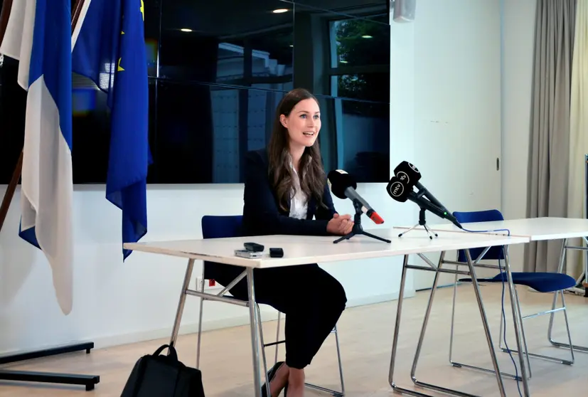 Belgium, Brussels: Finnish Prime Minister Sanna Marin speaks to the media during a press conference at the Finnish Mission to the EU before attending the European Council special summit. Photo: Heta Hassinen/dpa