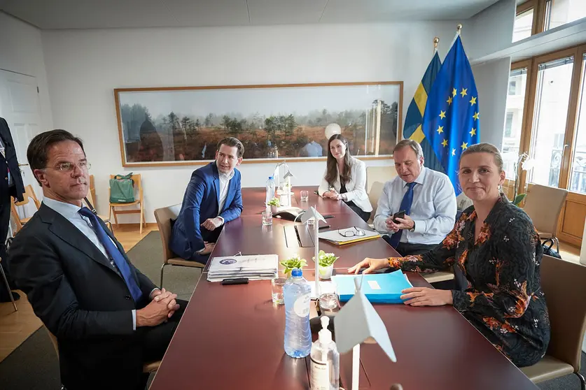 Dutch Prime Minister Mark Rutte, Austrian Chancellor Sebastian Kurz, Finnish Prime Minister Sanna Marin, Danish Prime Minister Mette Frederiksen and Swedish Prime Minister Stefan Loefven meet on the sidelines of the European Council special summit, held to discuss a shared economic recovery plan. Photo: Mario Salerno/European Council/dpa.