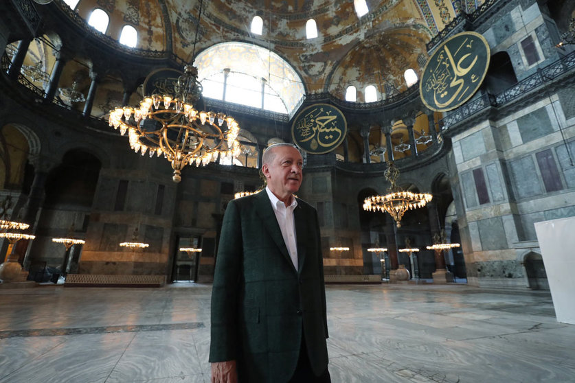 Turkey, Istanbul: Turkish President Recep Tayyip Erdogan visits Hagia Sophia ahead of its controversial reopening as a mosque. Photo: -/Turkish Presidency/dpa