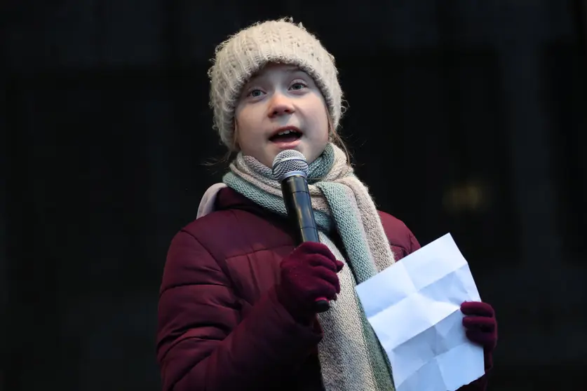 21 February 2020, Hamburg: Swedish climate activist Greta Thunberg speaks during a Fridays for Future protest calling for a better climate policy. A crunch deal announced on Tuesday by European Union leaders fails to highlight the need for stronger action on climate, young climate activists including Greta Thunberg of Sweden and Germany&#39;s Luisa Neubauer have said. Photo: Christian Charisius/dpa