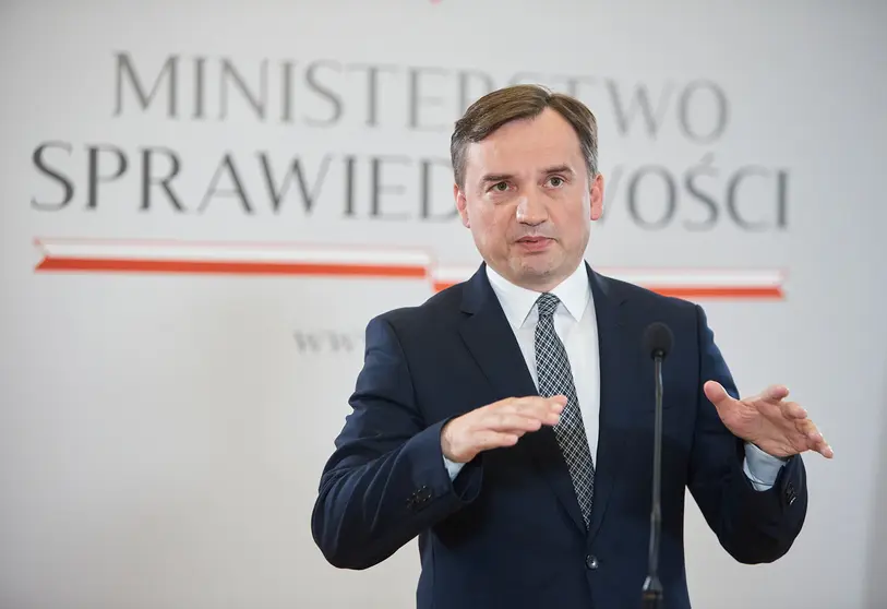 25 July 2020, Poland, Warsaw: Poland&#39;s Minister Of Justice And Prosecutor General Zbigniew Ziobro (L) speaks during a press conference to announce the government plan to pull out of Istanbul Convention, an international treaty on preventing and combating domestic violence. Photo: Hubert Mathis/dpa.