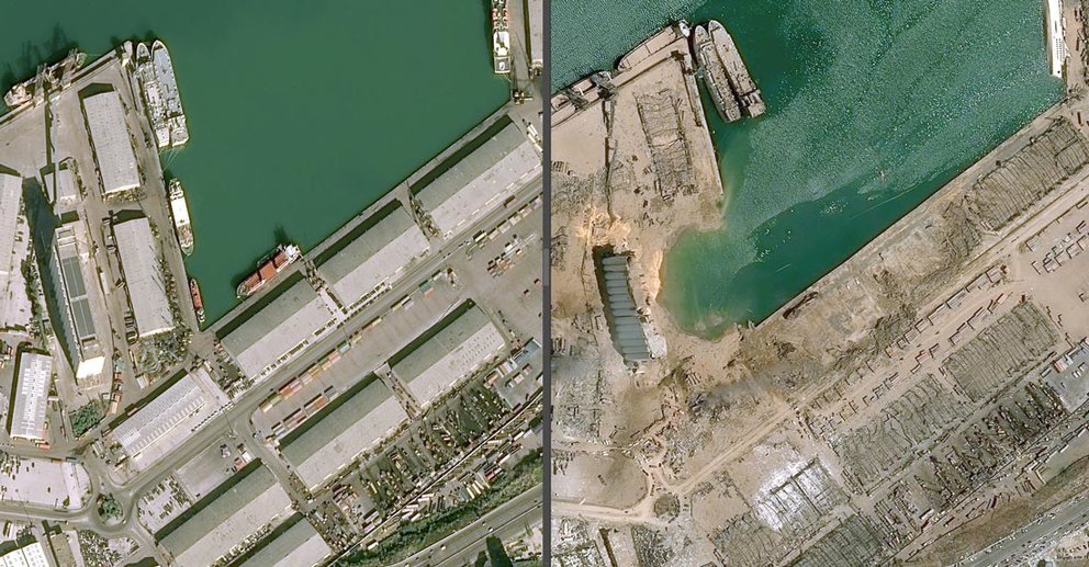 HANDOUT - 05 August 2020, Lebanon, Beirut: An undated combo of satellite images shows the docks of Beirut&#39;s port before (L) and after yesterday&#39;s massive explosion that killed at least 113 people and injured thousands. Photo: -/CNES2020 via PA Media/dpa.