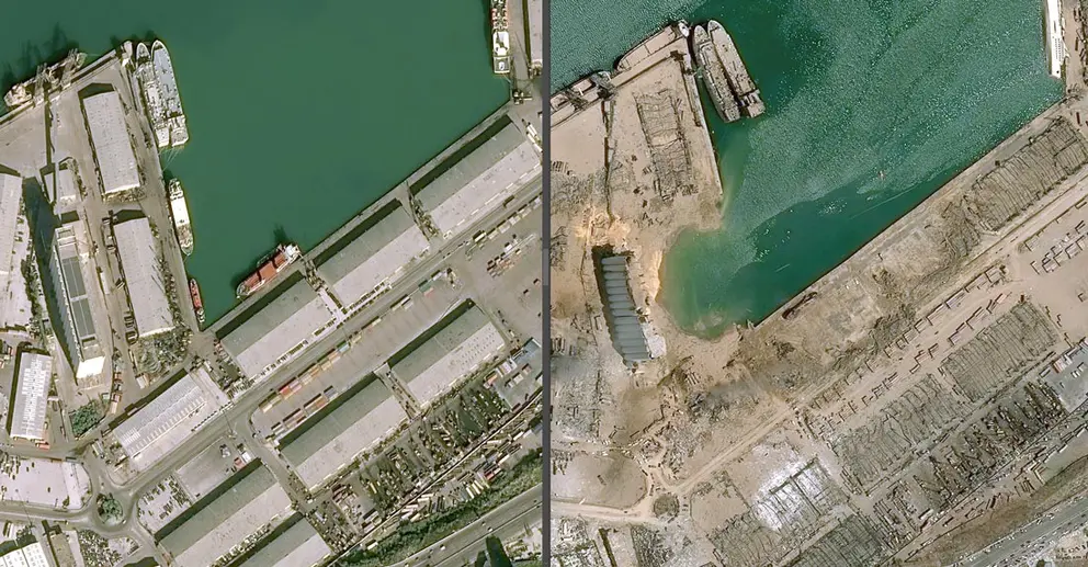 HANDOUT - 05 August 2020, Lebanon, Beirut: An undated combo of satellite images shows the docks of Beirut&#39;s port before (L) and after yesterday&#39;s massive explosion that killed at least 113 people and injured thousands. Photo: -/CNES2020 via PA Media/dpa.