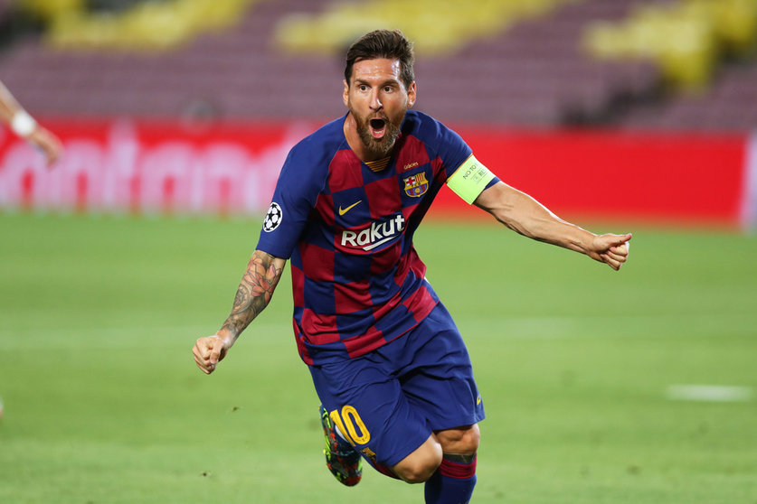 HANDOUT - 08 August 2020, Spain, Barcelona: Barcelona&#39;s Lionel Messi celebrates scoring his side&#39;s first goal during the UEFA Champions League round of 16 second leg soccer match between Barcelona and Napoli at the Camp Nou Stadium. Photo: Miguel Ruiz/UEFA/dpa.