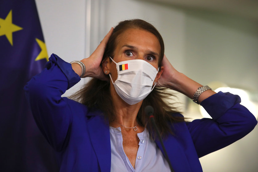 20 August 2020, Belgium, Brussels: Belgian Prime Minister Sophie Wilmes attends a press conference, following a meeting of the National Security Council, to discuss the security measures amid the Coronavirus (Covid-19) outbreak. Photo: Olivier Matthys/dpa.