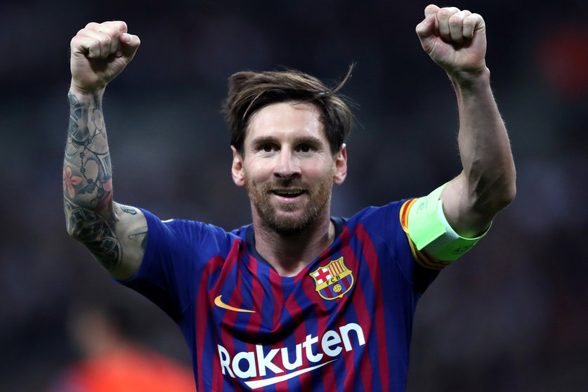 FILED - 10 March 2018, England, London: Barcelona&#39;s Lionel Messi celebrates scoring his side&#39;s third goal during the UEFA Champions League Group B soccer match between Tottenham Hotspur and Barcelona at Wembley Stadium. Messi has communicated to Barcelona via fax that he wants to leave the club on a free transfer this summer, according to media reports in Spain. Photo: Nick Potts/dpa.